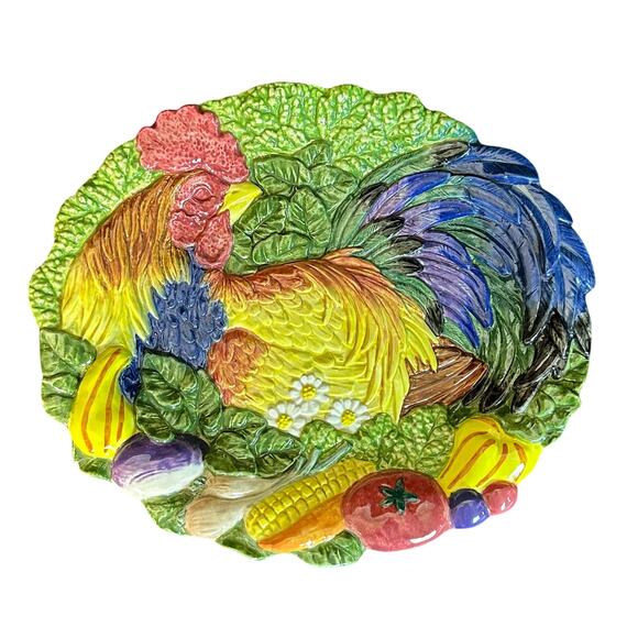 Fitz and Floyd 1996 Vibrant Colorful 'Coq du Village' Majolica Rooster Plate - Picture 1 of 9
